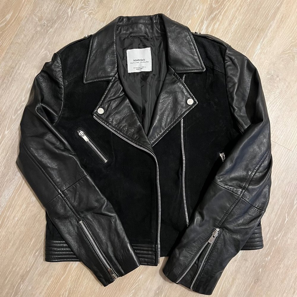 New Womens Mango Genuine Leather & Suede Biker Jacket